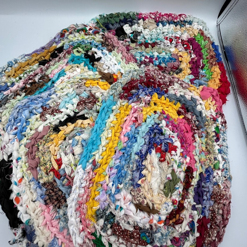 Vintage Handmade Braided Rag Rug Chair Pad Multi Color Oval Set of 4 Cottagecore